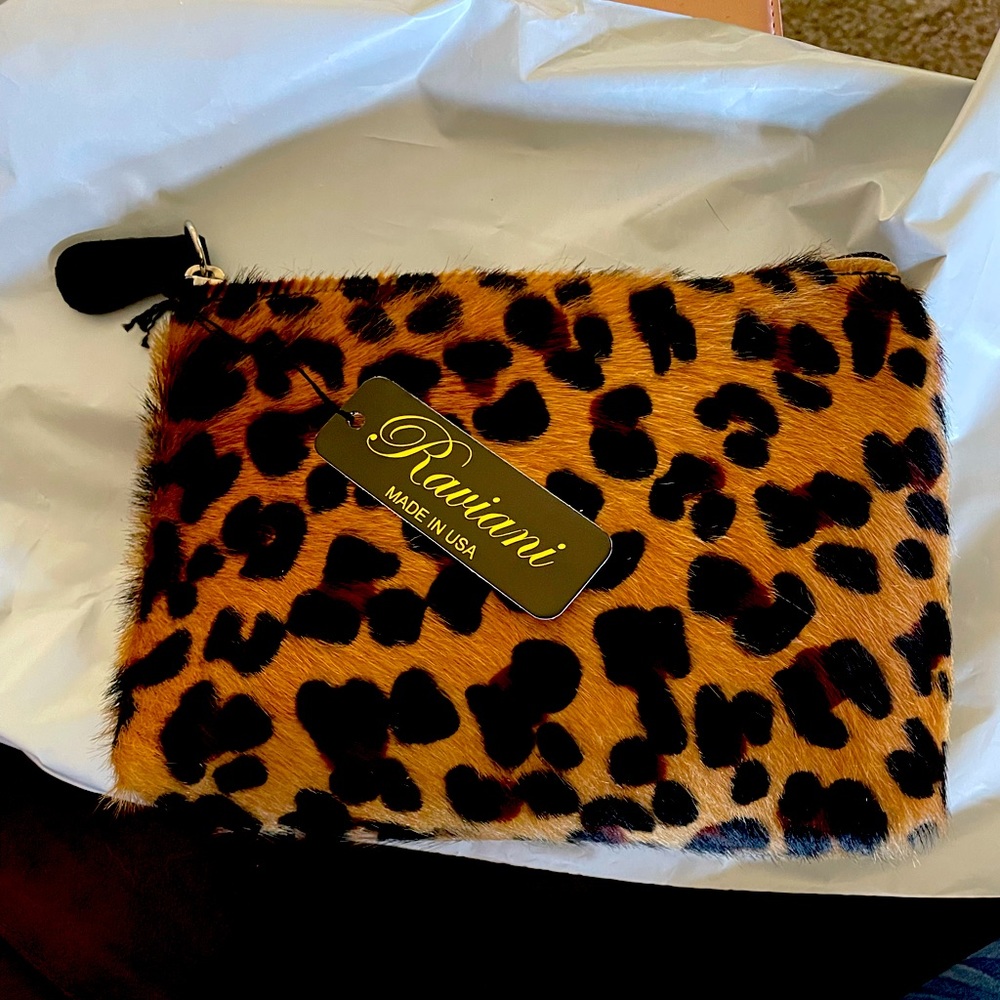 Raviani leather Animal Print Calf Hair Makeup Bag 8 1/2 X 6 1/2 NWT